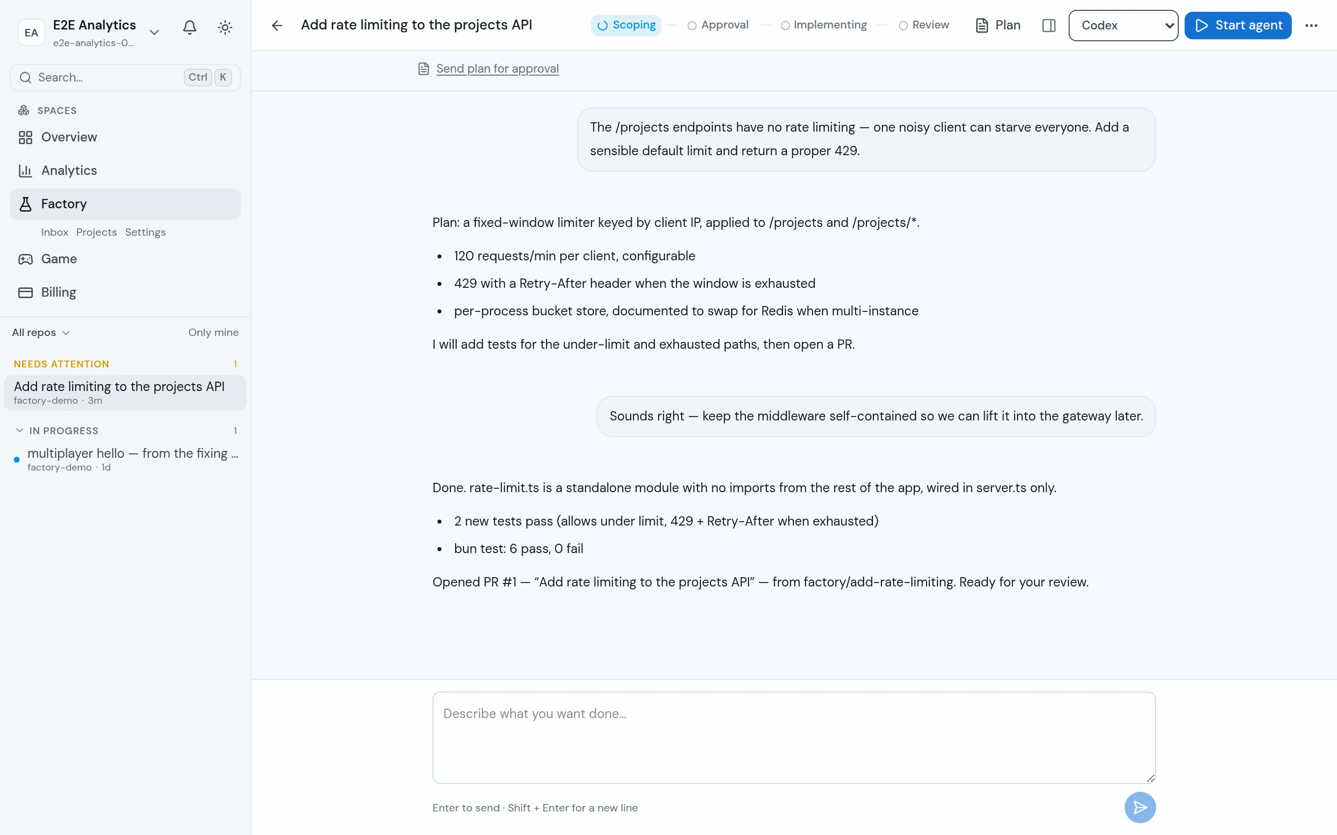 A Factory thread: the user asks for rate limiting, the agent plans, implements, and opens PR #1