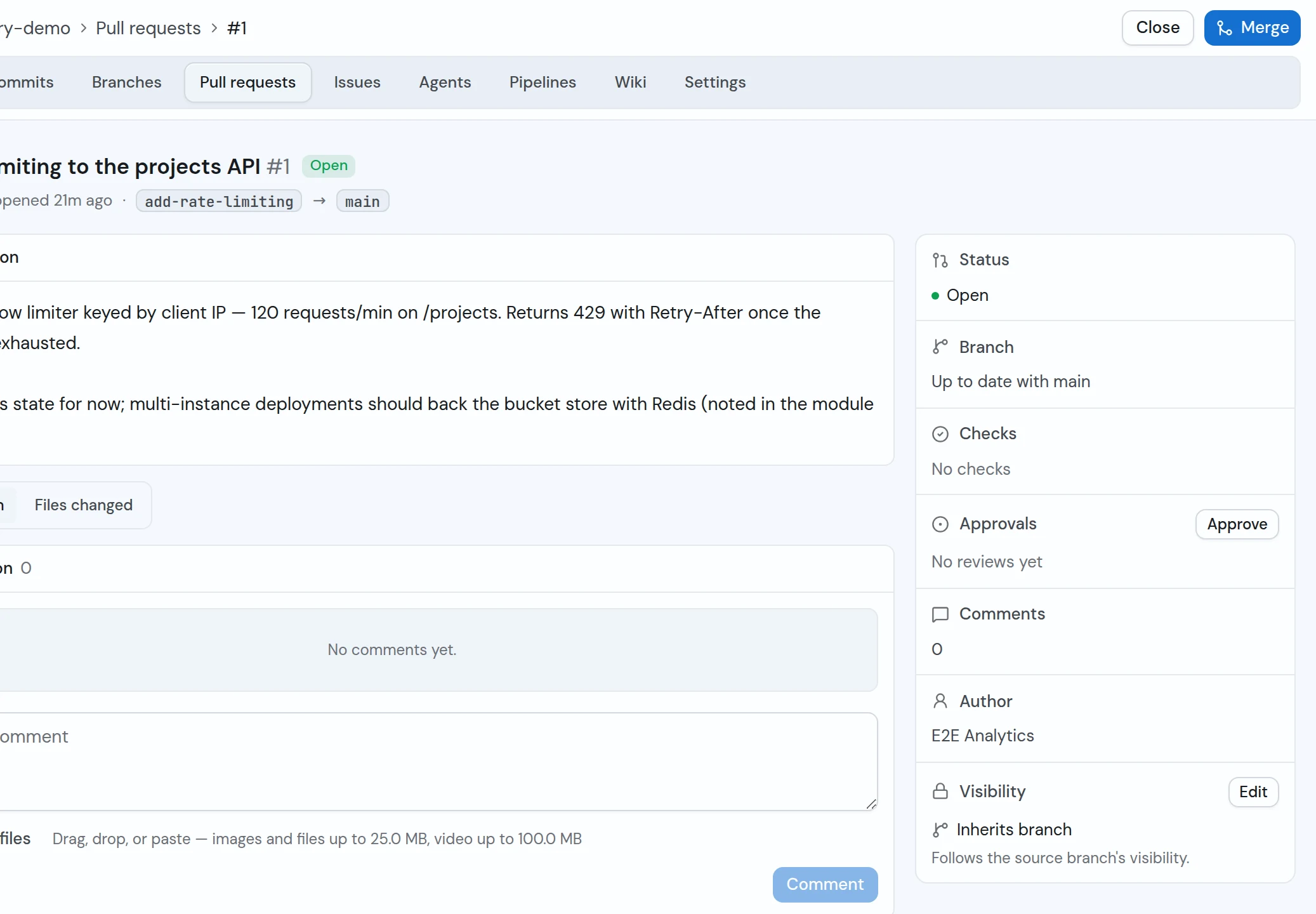 A GitForge pull request: description, approvals, checks, and merge