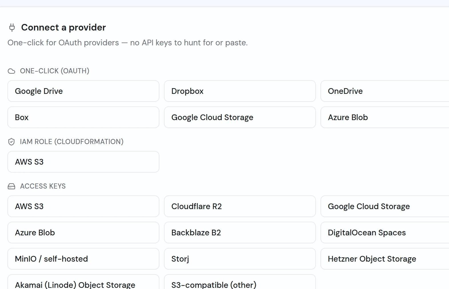 GitForge storage settings: connect Google Drive, Dropbox, OneDrive, S3, R2, and more